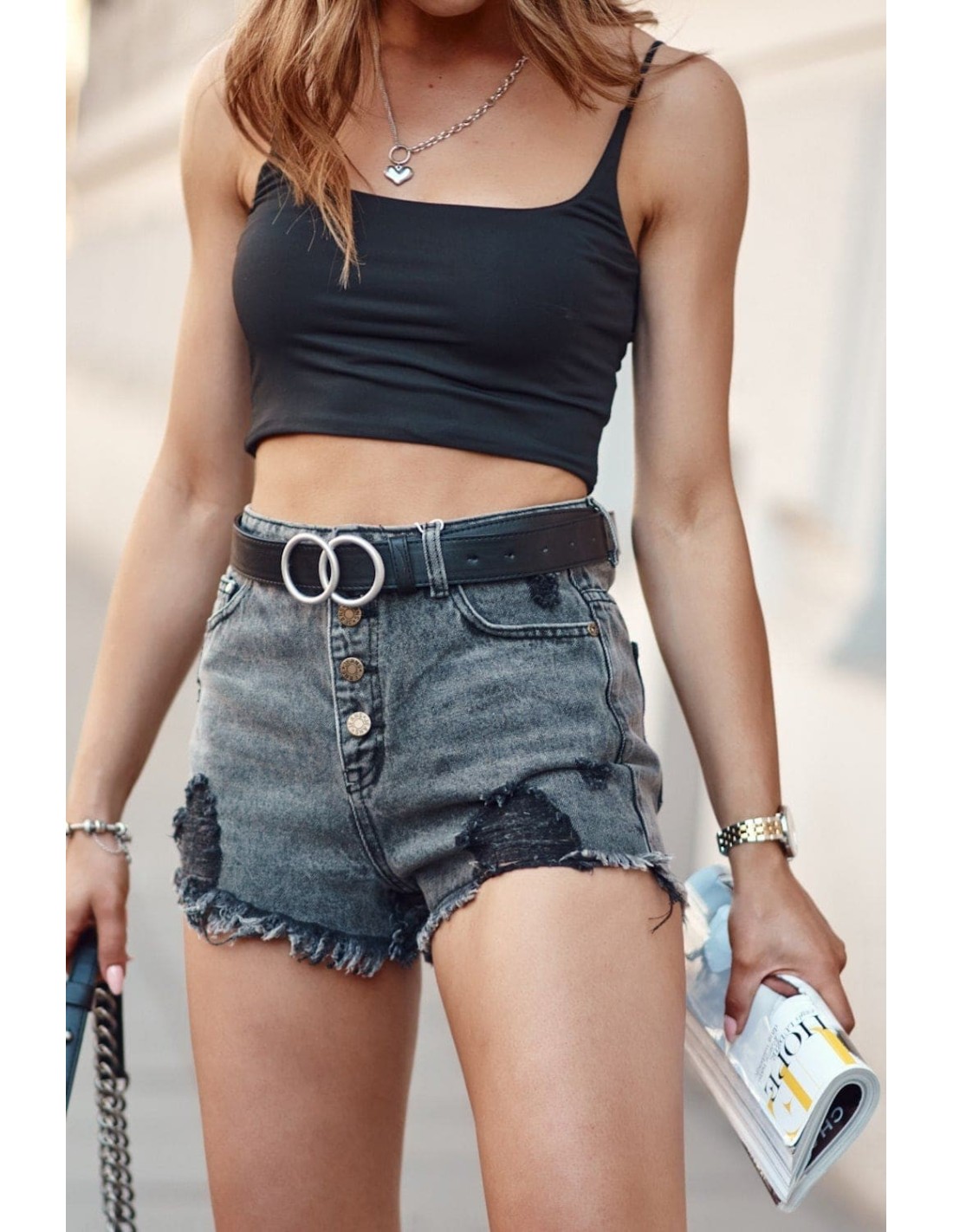 High-waisted denim shorts, black 38120 - Online store - Boutique